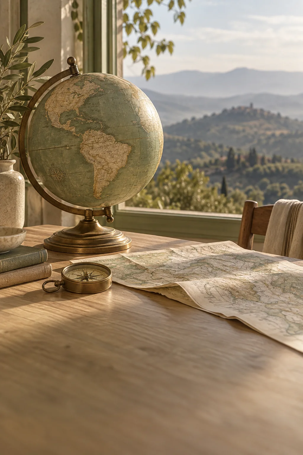 Globo terrestre, bússola e mapas abertos sobre uma mesa de madeira